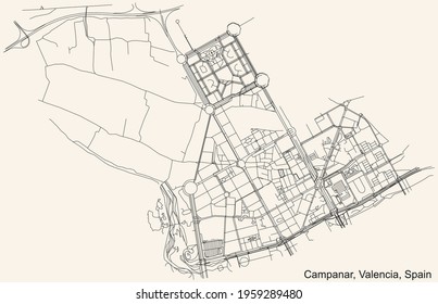 Black simple detailed street roads map on vintage beige background of the quarter Campanar district of Valencia, Spain