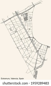 Black simple detailed street roads map on vintage beige background of the quarter Extramurs district of Valencia, Spain