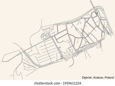 Black simple detailed street roads map on vintage beige background of the quarter Dębniki district of Krakow, Poland