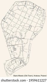 Black simple detailed street roads map on vintage beige background of the quarter Stare Miasto (Old Town) district of Krakow, Poland
