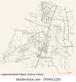 Black simple detailed street roads map on vintage beige background of the quarter Łagiewniki-Borek Fałęcki district of Krakow, Poland