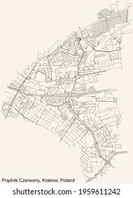 Black simple detailed street roads map on vintage beige background of the quarter Prądnik Czerwony (Red Prądnik) district of Krakow, Poland