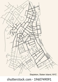 Black simple detailed street roads map on vintage beige background of the quarter Stapleton neighborhood of the Staten Island borough of New York City, USA