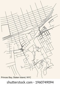 Black simple detailed street roads map on vintage beige background of the quarter Prince's Bay neighborhood of the Staten Island borough of New York City, USA