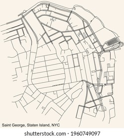 Black simple detailed street roads map on vintage beige background of the quarter Saint George neighborhood of the Staten Island borough of New York City, USA