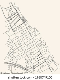 Black simple detailed street roads map on vintage beige background of the quarter Rosebank neighborhood of the Staten Island borough of New York City, USA