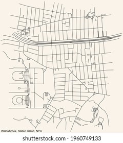 Black simple detailed street roads map on vintage beige background of the quarter Willowbrook neighborhood of the Staten Island borough of New York City, USA