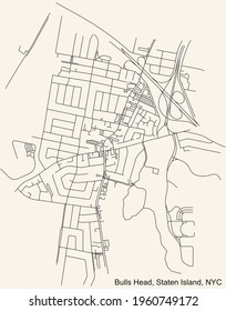 Black simple detailed street roads map on vintage beige background of the quarter Bulls Head neighborhood of the Staten Island borough of New York City, USA