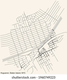 Black simple detailed street roads map on vintage beige background of the quarter Huguenot neighborhood of the Staten Island borough of New York City, USA