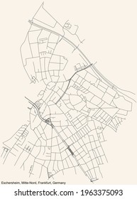 Black simple detailed street roads map on vintage beige background of the neighbourhood Eschersheim city district of the Mitte-Nord urban district (ortsbezirk) of Frankfurt am Main, Germany