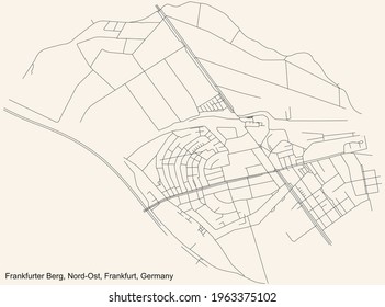 Black simple detailed street roads map on vintage beige background of the neighbourhood Frankfurter Berg city district of the Nord-Ost urban district (ortsbezirk) of Frankfurt am Main, Germany