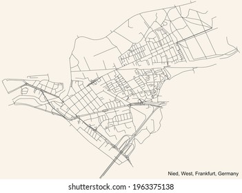 Mapa de calles sencillas y negras detalladas sobre el fondo beige vintage del barrio del distrito de la ciudad de Nied en el distrito urbano occidental (ortsbezirk) de Frankfurt am Main, Alemania