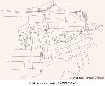 Black simple detailed street roads map on vintage beige background of the neighbourhood Oberrad city district of the Süd urban district (ortsbezirk) of Frankfurt am Main, Germany