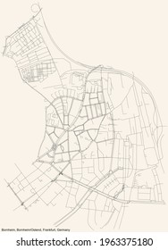 Black simple detailed street roads map on vintage beige background of the neighbourhood Bornheim city district of the Bornheim-Ostend urban district (ortsbezirk) of Frankfurt am Main, Germany