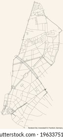 Black simple detailed street roads map on vintage beige background of the neighbourhood Nordend-Ost city district of the Innenstadt III urban district (ortsbezirk) of Frankfurt am Main, Germany