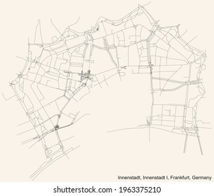 Black simple detailed street roads map on vintage beige background of the neighbourhood Innenstadt city district of the Innenstadt I urban district (ortsbezirk) of Frankfurt am Main, Germany