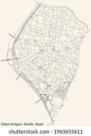 Black simple detailed street roads map on vintage beige background of the quarter Casco Antiguo district of Seville, Spain