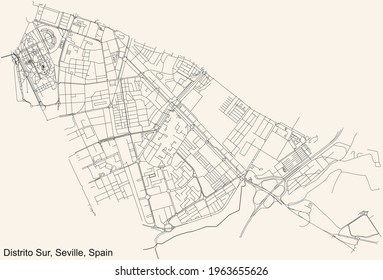 Black simple detailed street roads map on vintage beige background of the quarter Distrito Sur district of Seville, Spain