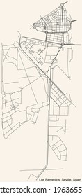 Black simple detailed street roads map on vintage beige background of the quarter Los Remedios district of Seville, Spain