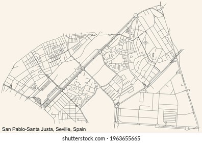 Black simple detailed street roads map on vintage beige background of the quarter San Pablo-Santa Justa district of Seville, Spain