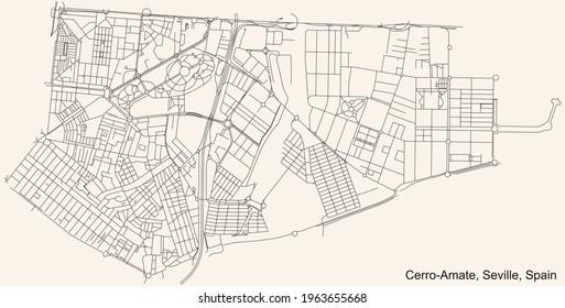 Black simple detailed street roads map on vintage beige background of the quarter Cerro-Amate district of Seville, Spain