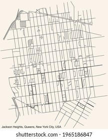 Black simple detailed street roads map on vintage beige background of the quarter Jackson Heights neighborhood of the Queens borough of New York City, USA