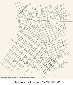 Black simple detailed street roads map on vintage beige background of the quarter Fresh Pond neighborhood of the Queens borough of New York City, USA