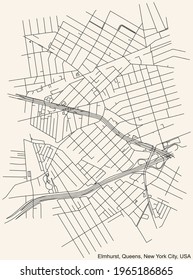 Black simple detailed street roads map on vintage beige background of the quarter Elmhurst neighborhood of the Queens borough of New York City, USA