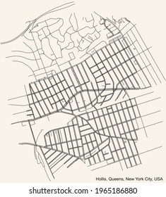 Black simple detailed street roads map on vintage beige background of the quarter Hollis neighborhood of the Queens borough of New York City, USA