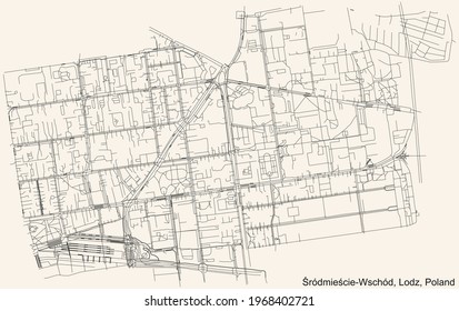 Black simple detailed street roads map on vintage beige background of the quarter Śródmieście-Wschód district of Lodz, Poland