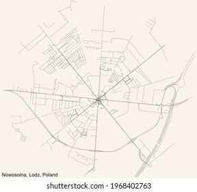Black simple detailed street roads map on vintage beige background of the quarter Nowosolna district of Lodz, Poland