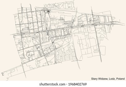 Black simple detailed street roads map on vintage beige background of the quarter Stary Widzew district of Lodz, Poland