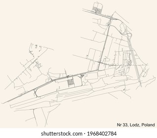 Black simple detailed street roads map on vintage beige background of the quarter Osiedle nr 33 district of Lodz, Poland