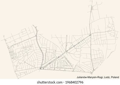 Black simple detailed street roads map on vintage beige background of the quarter Julianów-Marysin-Rogi district of Lodz, Poland