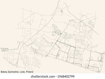 Black simple detailed street roads map on vintage beige background of the quarter Bałuty Zachodnie district of Lodz, Poland