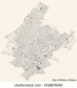 Black simple detailed street roads map on vintage beige background of the quarter City of Athens municipality of Athens, Greece