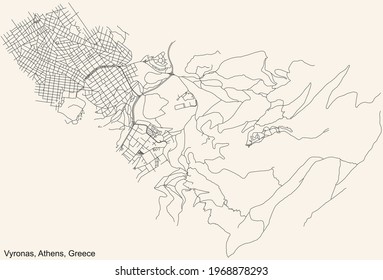 Black simple detailed street roads map on vintage beige background of the quarter Vyronas municipality of Athens, Greece
