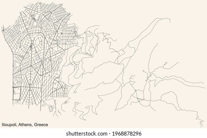 Black simple detailed street roads map on vintage beige background of the quarter lioupoli municipality of Athens, Greece