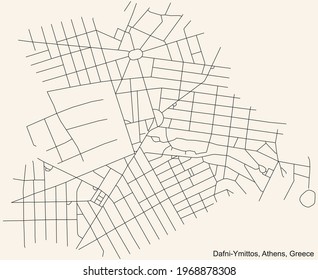 Black simple detailed street roads map on vintage beige background of the quarter Dafni-Ymittos municipality of Athens, Greece