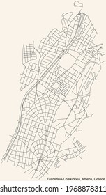 Black simple detailed street roads map on vintage beige background of the quarter Filadelfeia-Chalkidona municipality of Athens, Greece