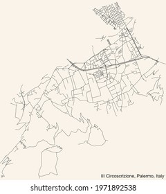 Black simple detailed street roads map on vintage beige background of the quarter 3rd district (Villagrazia-Falsomiele and Stazione-Oreto) of Palermo, Italy