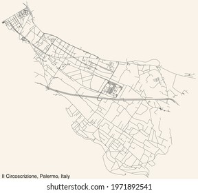 Black simple detailed street roads map on vintage beige background of the quarter 2nd district (Settecannoli, Brancaccio and Ciaculli-Oreto) of Palermo, Italy