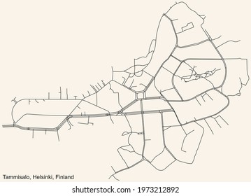 Black simple detailed street roads map on vintage beige background of the quarter Tammisalo (Tammelund) neighbourhood of Helsinki, Finland