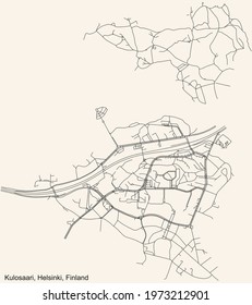 Black simple detailed street roads map on vintage beige background of the quarter Kulosaari (Brändö) neighbourhood of Helsinki, Finland