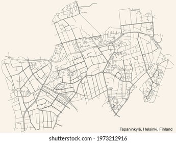 Black simple detailed street roads map on vintage beige background of the quarter Tapaninkylä (Staffansby) neighbourhood of Helsinki, Finland
