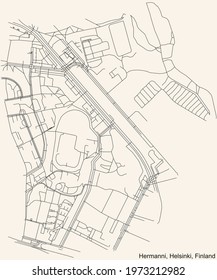 Black simple detailed street roads map on vintage beige background of the quarter Hermanni (Hermanstaden) neighbourhood of Helsinki, Finland