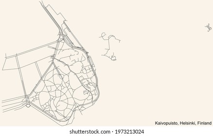 Black simple detailed street roads map on vintage beige background of the quarter Kaivopuisto (Brunnsparken) neighbourhood of Helsinki, Finland
