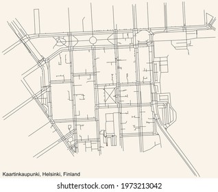 Black simple detailed street roads map on vintage beige background of the quarter Kaartinkaupunki (Gardestaden) neighbourhood of Helsinki, Finland