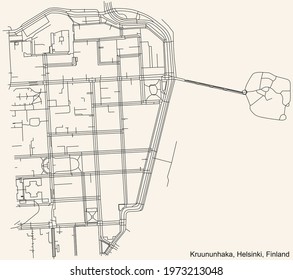 Black simple detailed street roads map on vintage beige background of the quarter Kruununhaka (Kronohagen) neighbourhood of Helsinki, Finland