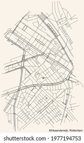 Black simple detailed street roads map on vintage beige background of the Afrikaanderwijk quarter neighbourhood of Rotterdam, Netherlands